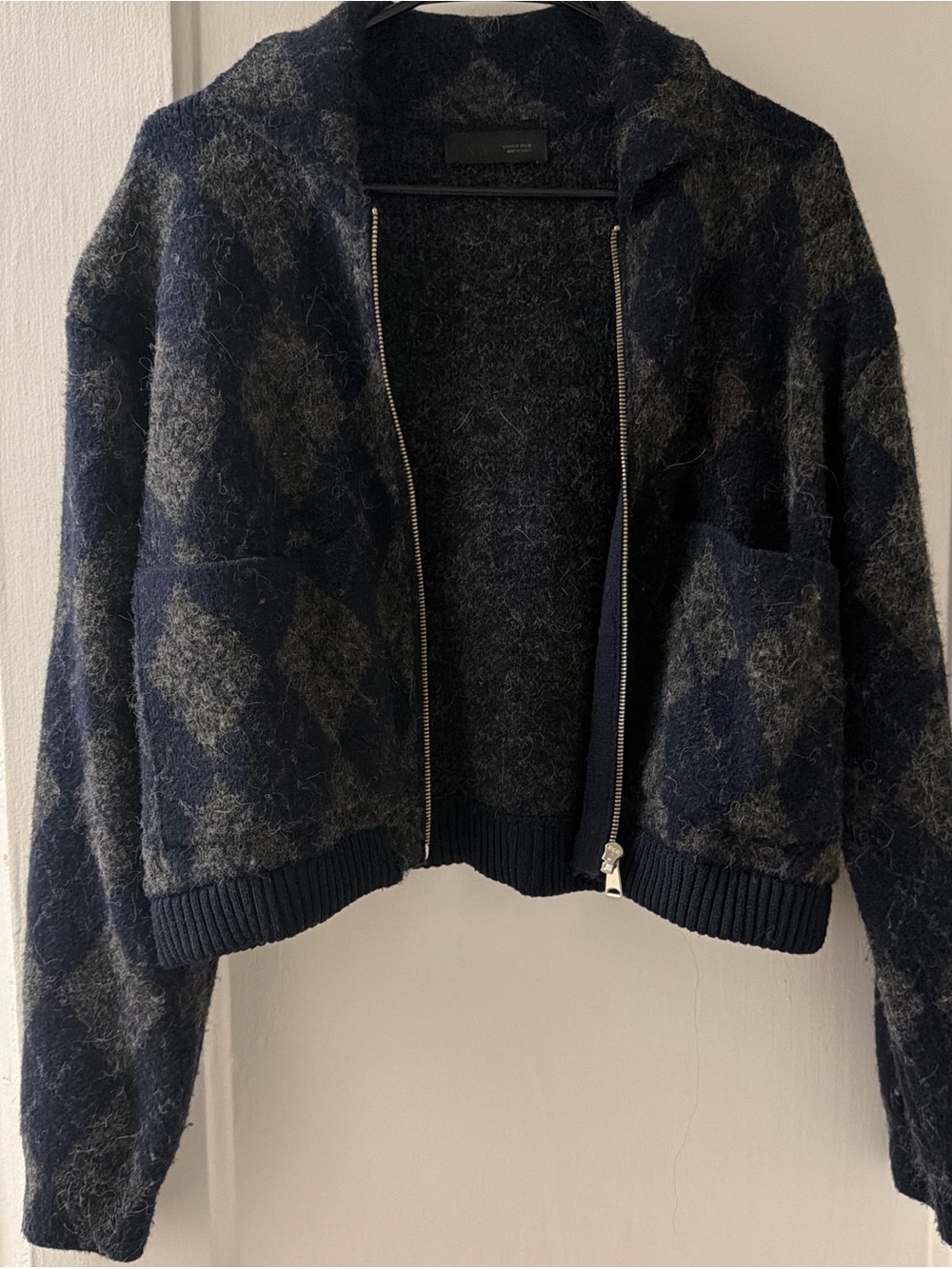 Zara Navy and Gray Fuzzy Argyle Zip Up Cardigan Bomber Jacket